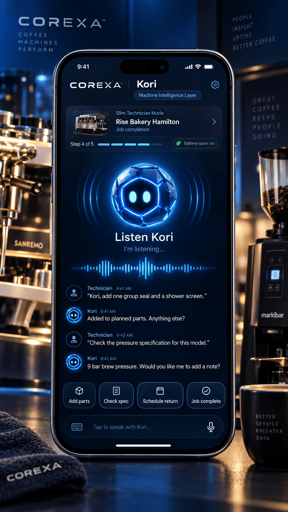Listen Kori on mobile during a live job completion